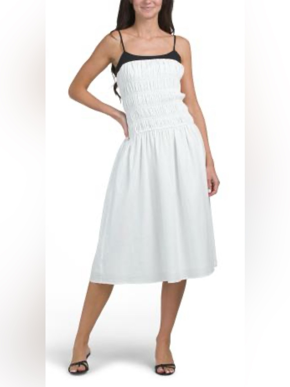 Stylish & Chic idem ditto Smocked Bodice White W/Black Trim MIDI Dress.Sz S NWT